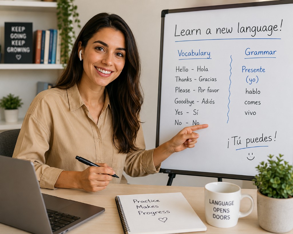 Language tutor teaching a lesson at a whiteboard